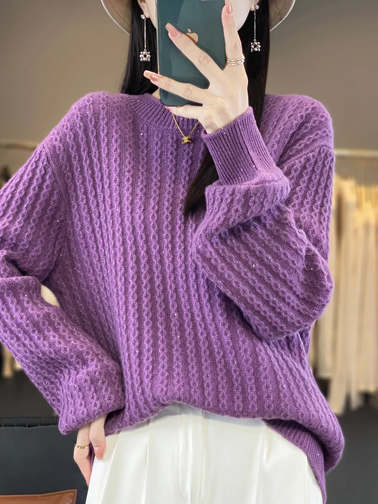 

New Chic Women's O-Neck Pullover Soft Warm Solid Color 100% Merino Wool Knitwear Jacquard Grace Shiny Sweater Female Clothing