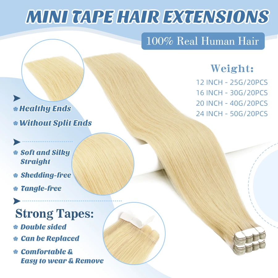 K.S WIGS Mini Tape in Hair Extensions Human Hair Straight Seamless Skin Weft Real Natural Brazilian Hair For Women Balayage 10Pc