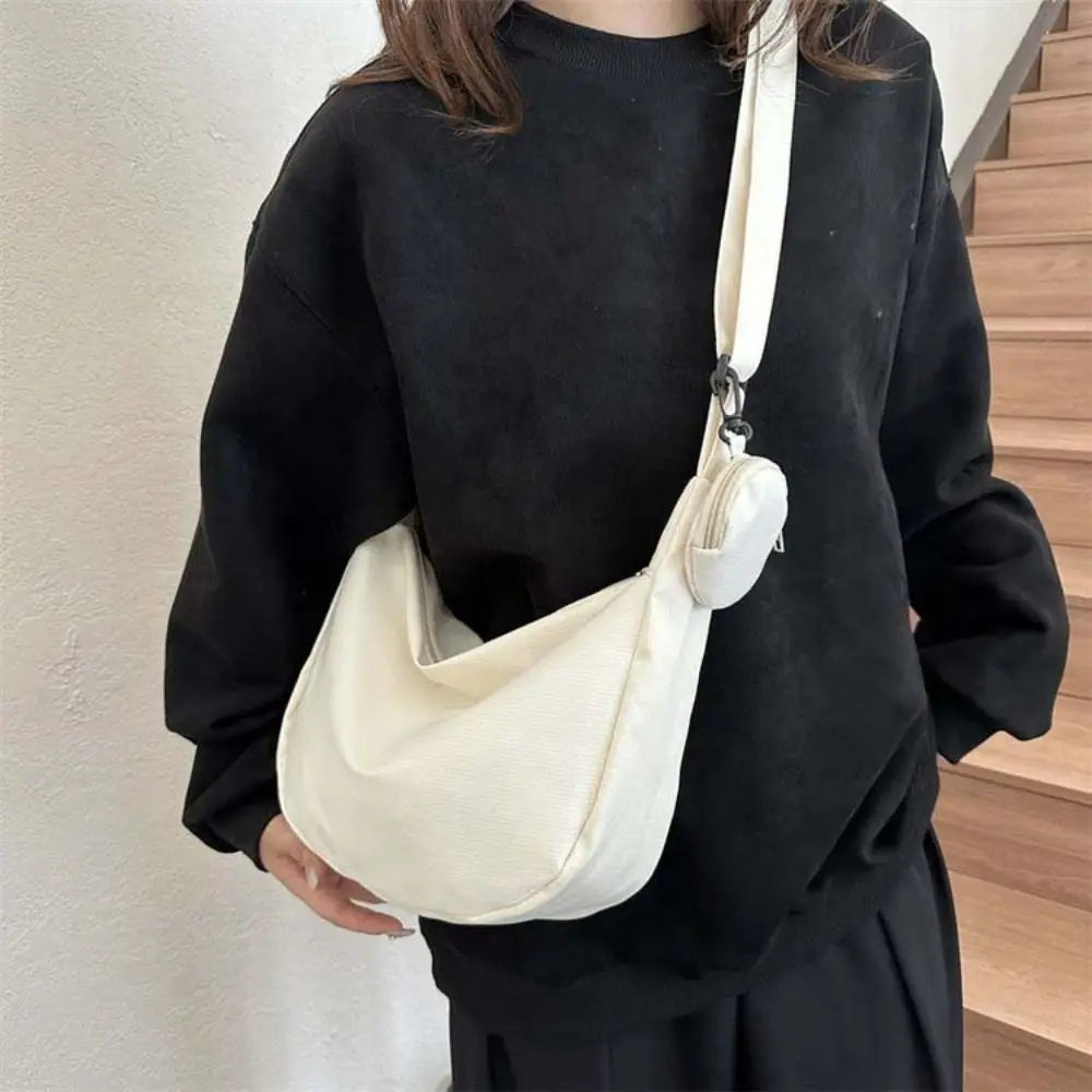 

Korean Style Lightweight Shoulder Bag Cream Color Solid Color Canvas Bag with Coin Purse Handbag Messenger Bag