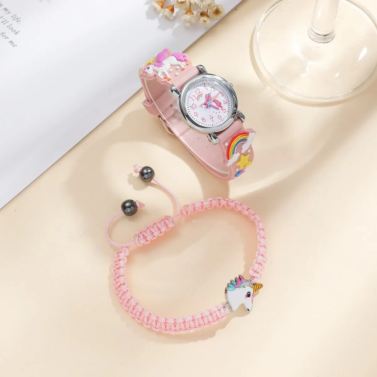 Kids Pink Cute Childrens Wristwatch Cartoon Pattern Quartz Watch Set For Girls Fashion Students Clock Relogio