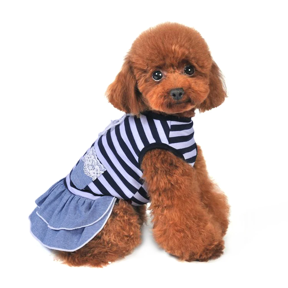 

Stylish Sweet Cowboy Style Dog Dress Skirt Size S Comfortable Summer Pet Clothes Lace Design Outdoor Walking Photo