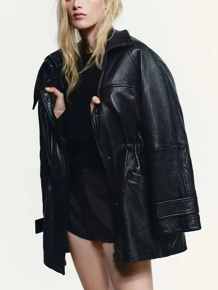 

Зимняя новая модная женская одежда в европейском и американском стиле, универсальная куртка из искусственной кожи с регулируемой талией.