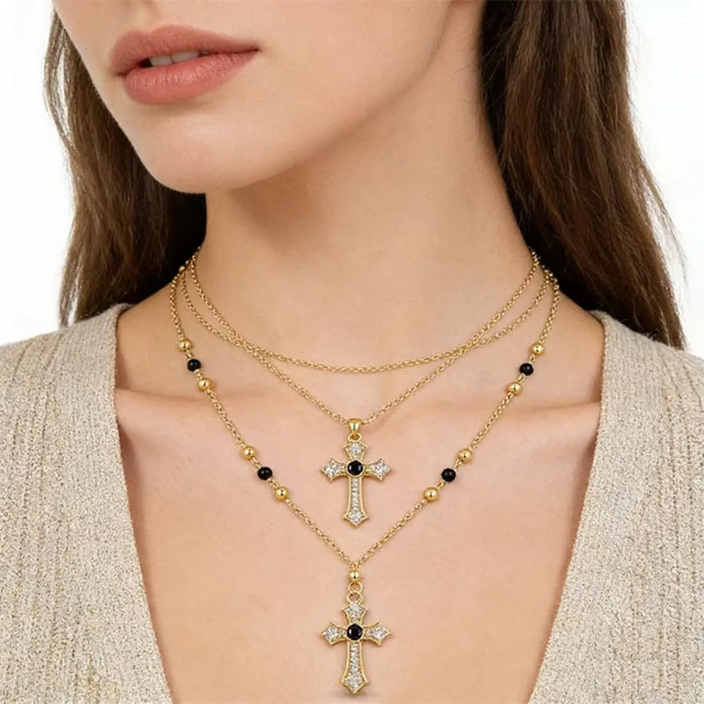 Gold Layered Cross Y Necklace, Multicolor CZ Beaded Rosary Chain Multi Layer Religious Pendant Stackable Necklace for Women