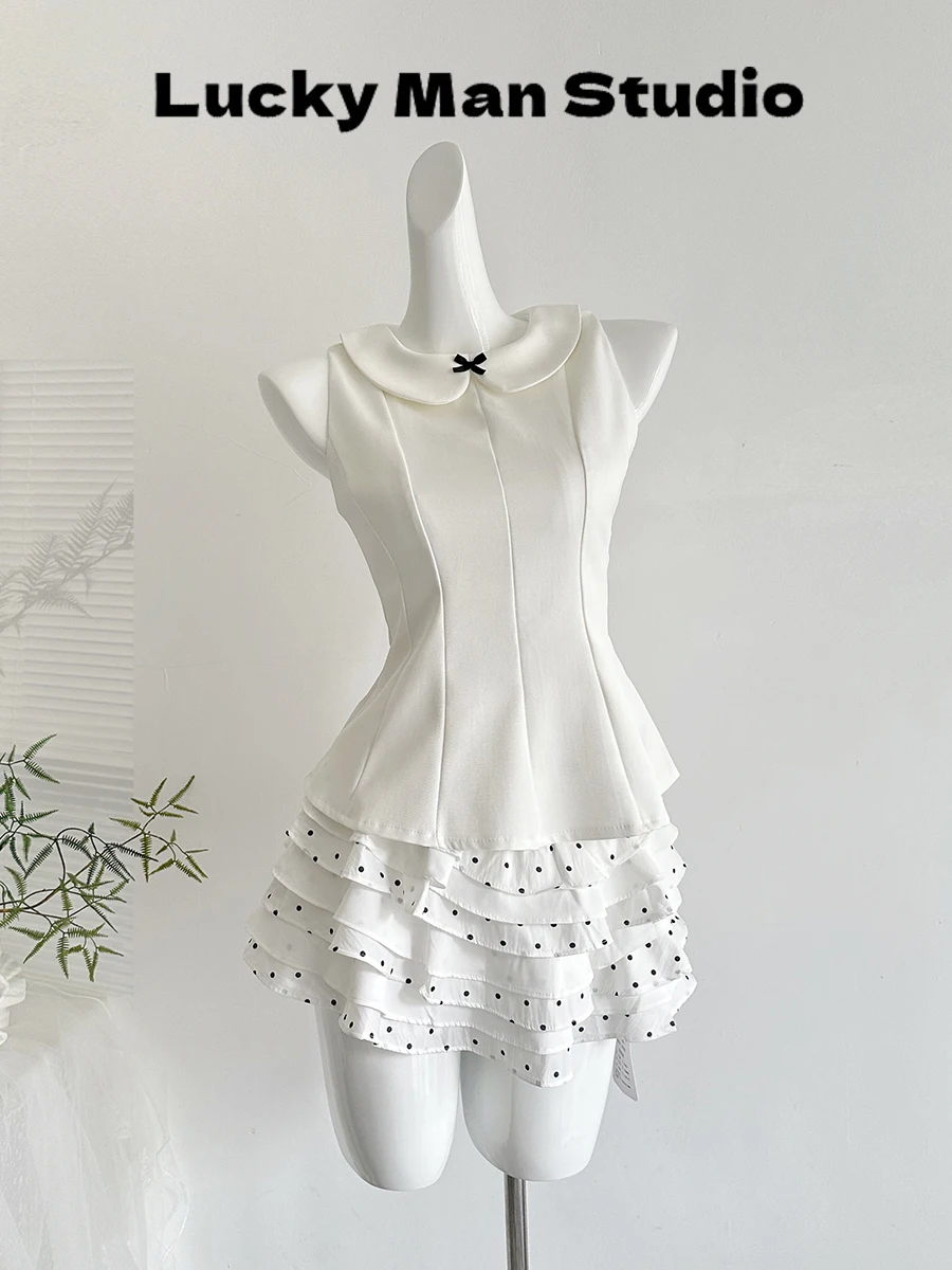 

Elegant Sleeveless Top with Bow Tie And Doll Collar Half Skirt Summer New Style High-End Feelings LUCKYMAN Fashion Set