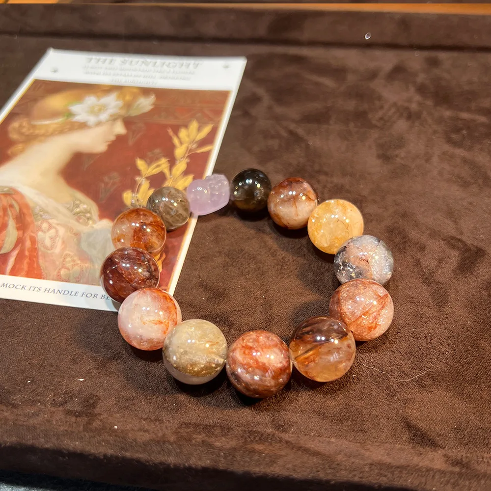 High-quality safflower glue powder crystal lucky peach blossom 14mm bracelet, versatile fashion national style natural stone han