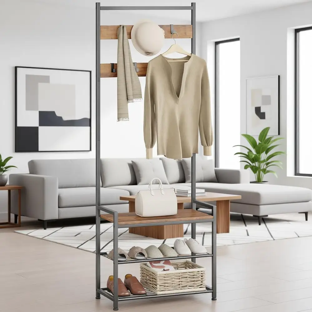 

Rustic Brown 3-in-1 Wood Hall Tree with Shoe Storage and Bench