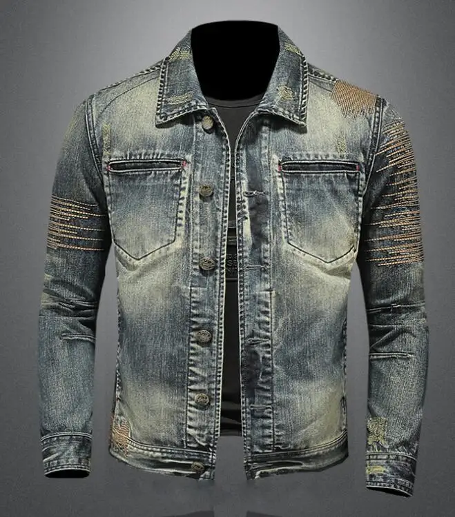 Riding Biker Denim Jacket, Men's Retro Slim Cowboy Jacket, Youth High Street Ripped Patch Denim Outerwear