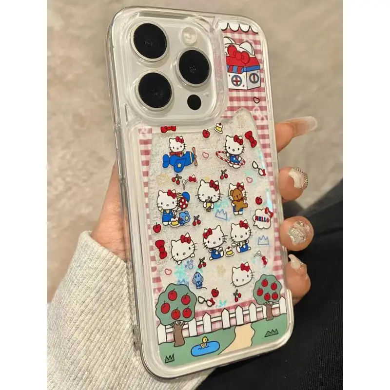 

Anime Hello Kitty Cute Quicksand Mobile Phone Case Suitable for IPhone16Pro Max Mobile Phone Case 15 Plus Transparent 14 12 13