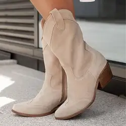 Apricot Suede Ankle Boots With Side Zip Chunky Heels Western Cowboy Boots