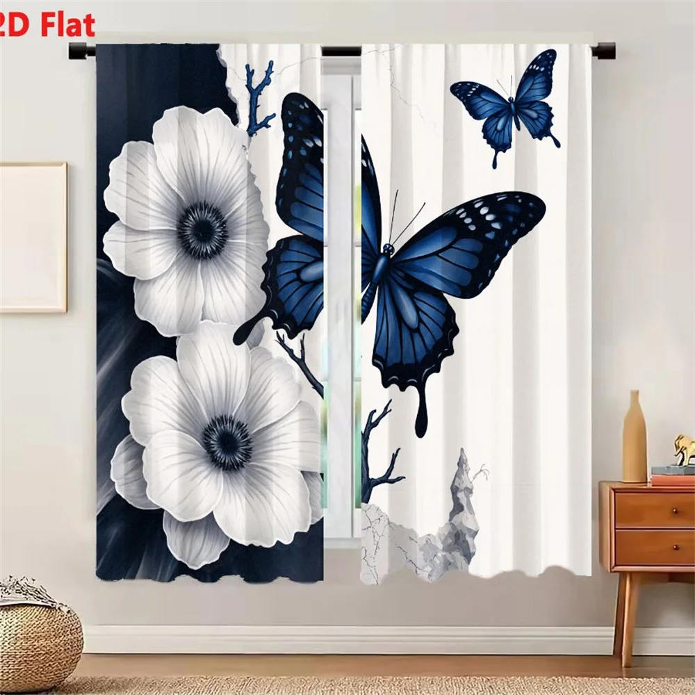 2Pcs Curtains 2D Flat Surreal Dreamy White Anemone Flowers & Blue Butterflies Artistic Composition With Light Cream Cracked Back