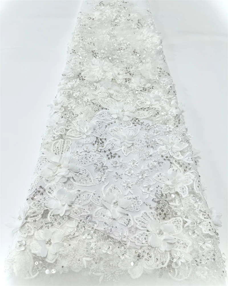 

French African 3D Lace Fabric 2025 With Beaded High Quality Embroidery For Women Wedding Dress Nigerian Lace Mesh Fabric 5 Yards