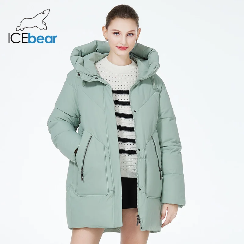 ICEbear acolchada-Chaqueta de algodón para mujer, abrigo informal de longitud media con capucha, a prueba de viento, ropa de marca, invierno,