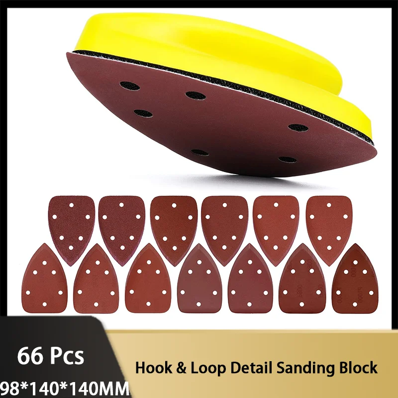 65 Pieces Hook and Loop Hand Detail Sanding Block with 6 Hole Triangle Mouse Sandpaper for Wood Metal Home Decoration DIY Work