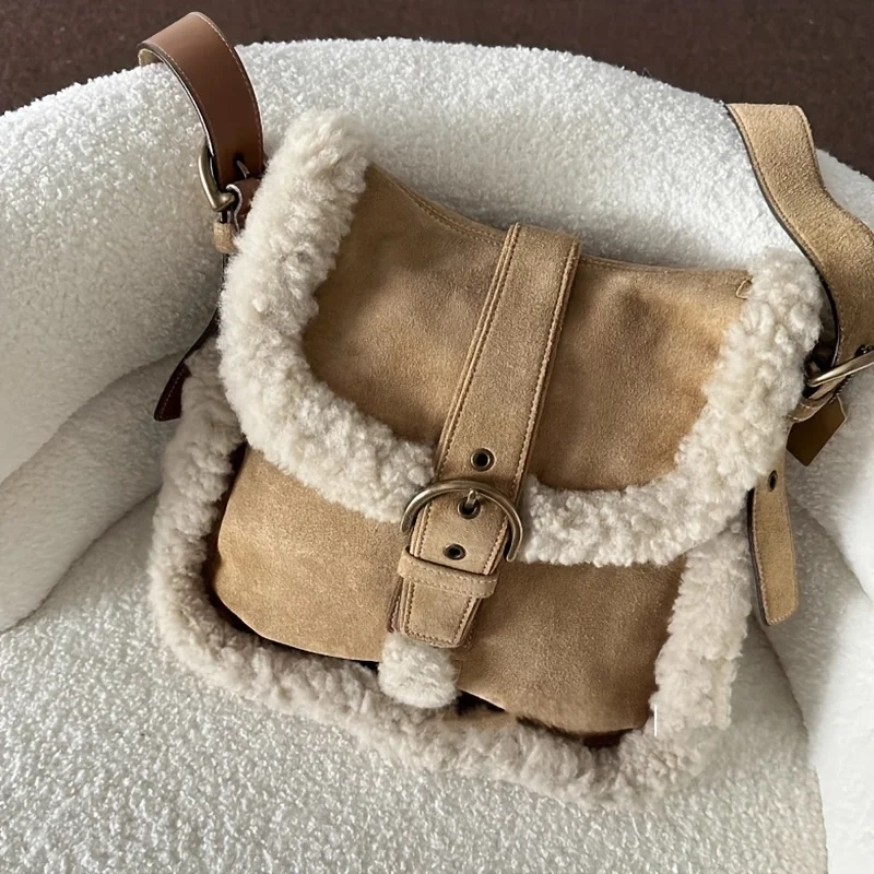 Miyagawa Autumn Winter Lamb Fur Bag Women's Korean Retro Style Small Bag 2023 New Fashion Suede Plush Crossbody Bag