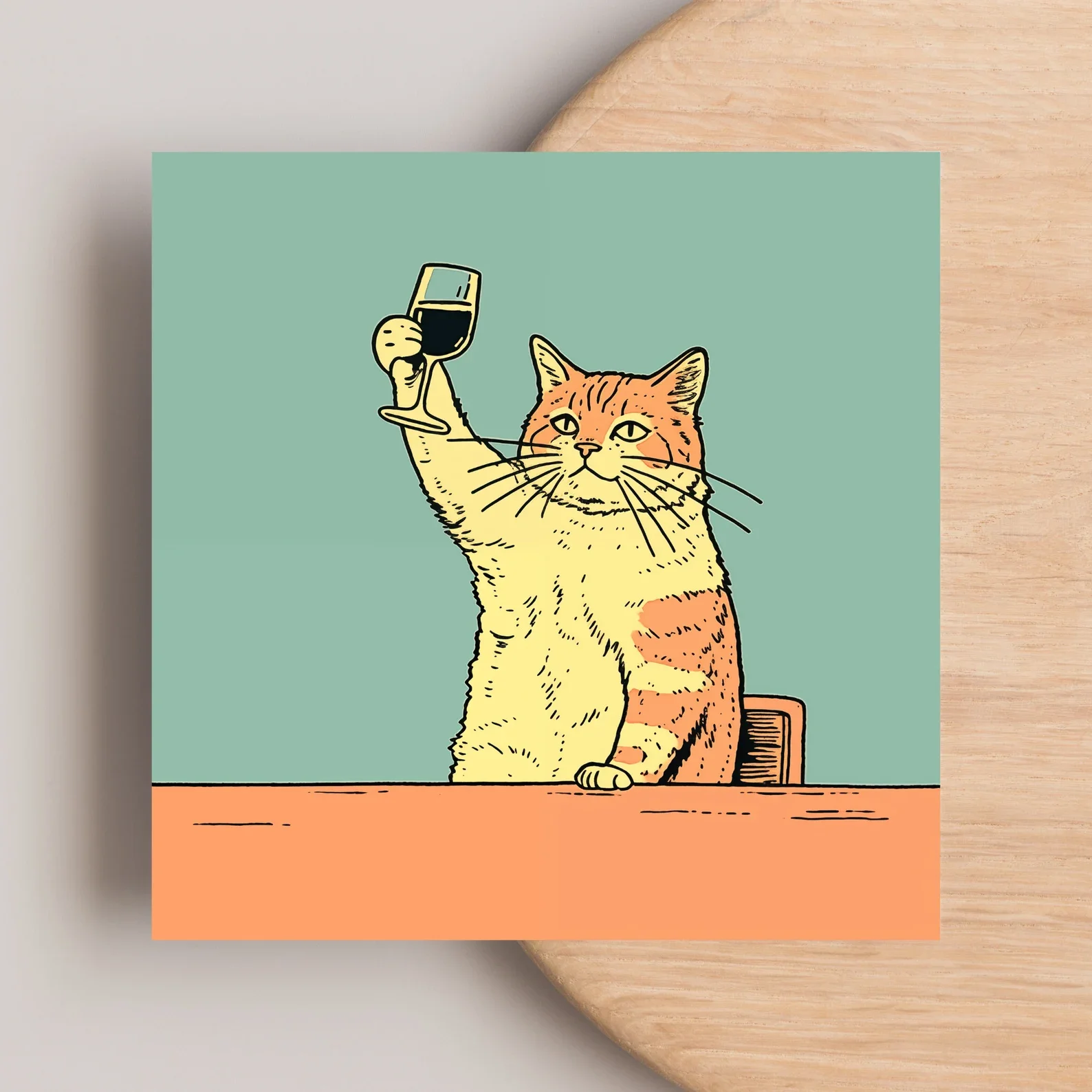 Pôster engraçado de gato de vinho: arte peculiar do carrinho de bar para decoração de bar gato bebendo impressão engraçado pôster de gato amarelo decoração de parede presente para o amor
