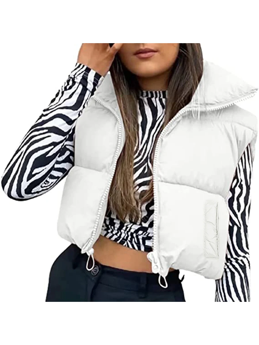 Jaqueta Puffer sem mangas para mulheres, colete acolchoado quente, colarinho de stand, colete leve