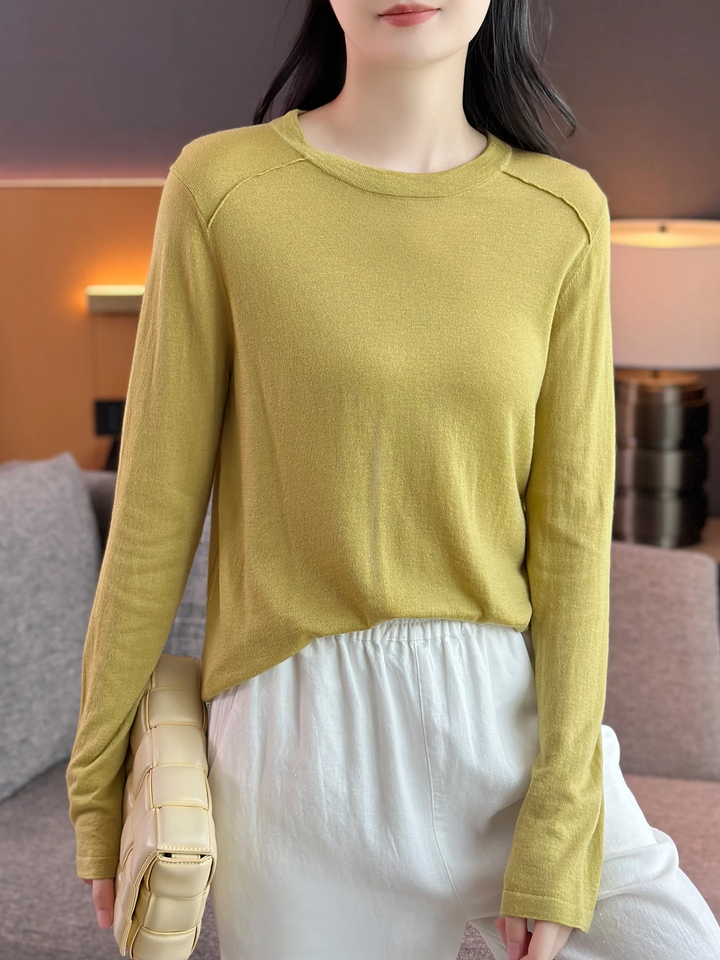 

Ультрамягкая комфортная тонкая шерстяная вязаная базовая футболка свободного кроя с эффектом похудения, с длинным рукавом, круглым вырезом, в повседневном стиле, женская футболка