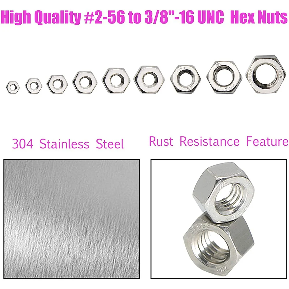 Stainless Steel Nuts 2-56 to 3/8inch-16 UNC Hex Nuts Assortment Kit for Screws Bolts-280Pcs