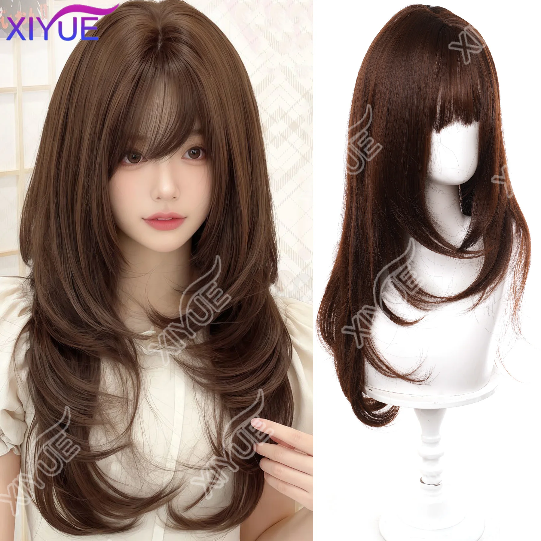 

XIYUE Long high-level straight Synthetic brown wig suitable for women's heat-resistant daily use role-playing Halloween wig