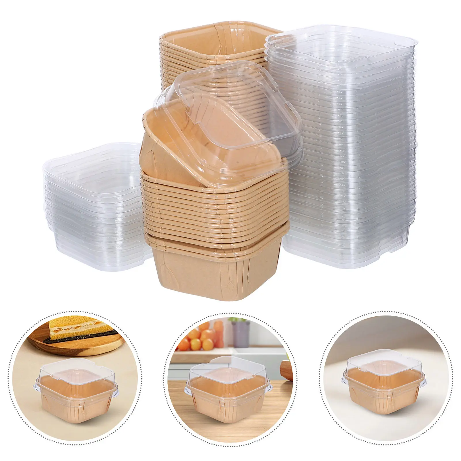 

100 шт. коробок для муссовых тортов из крафт-бумаги, одноразовые контейнеры для десертов с прозрачными крышками, формы для выпечки кексов
