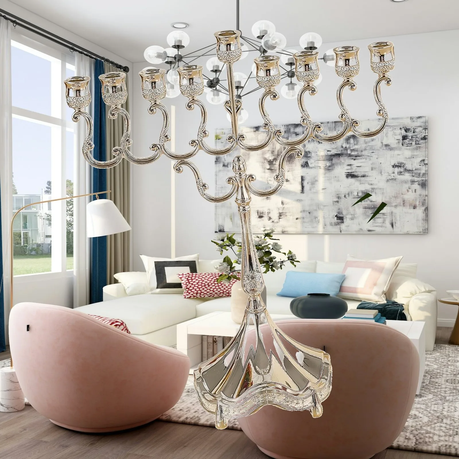 Hanukkah Menorah 9 Arms Decor Candlestick Ornament Zinc Alloy Desktop Candelabra Candle Holder Candelabrum for Wedding Banquet