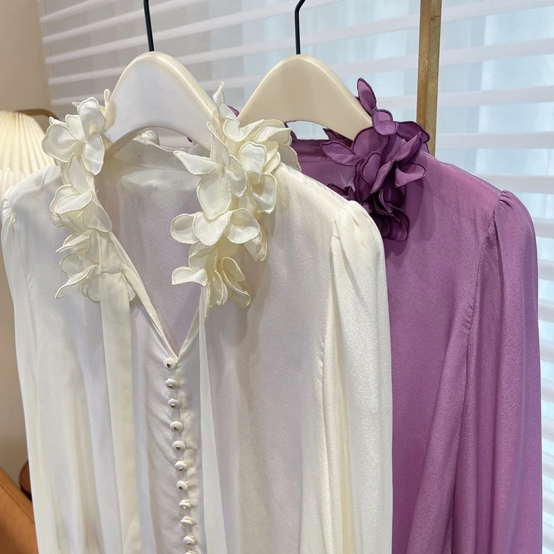 بلوزة سادة من الدانتيل برباط ثلاثي الأبعاد مزينة بزهور مرقعة للنساء ، قمم بأكمام طويلة ، على الطراز الفرنسي ، قميص أرجواني ، تصميم جديد ، ربيعي ،