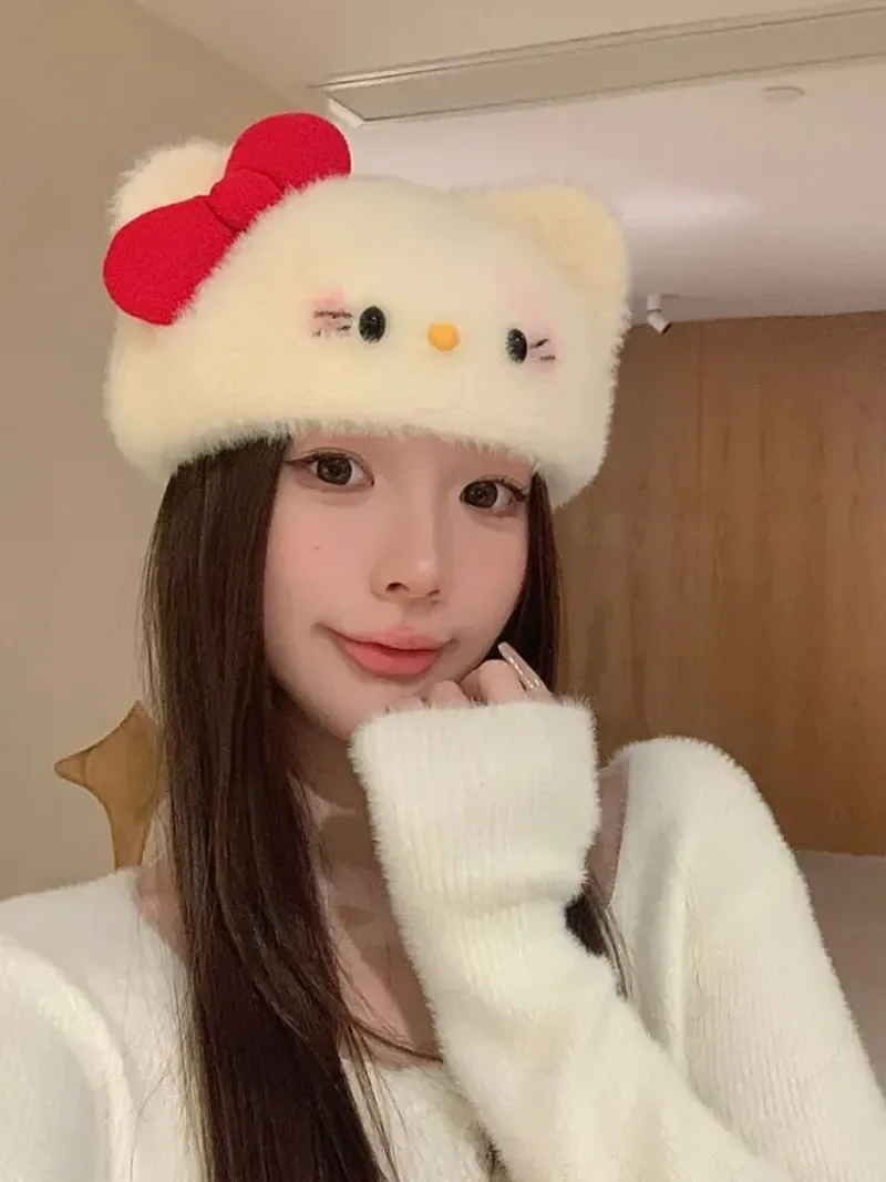 Miniso japonés Hello Kitty accesorios de Anime sombrero arco gatito felpa lindas orejas dulces Otoño/Invierno boina cálida regalo