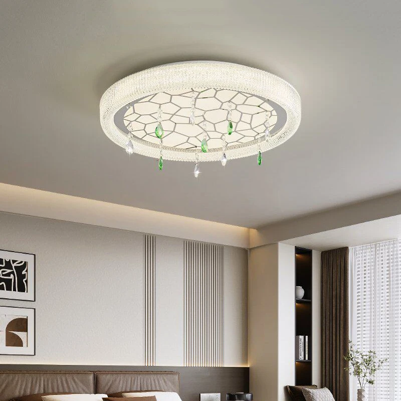 Modern Chrome Ceiling Lamp Honeycomb Acrylic Panel With Hanging Crystals Flush Mount Light For Living Room Bedroom Study Hallway