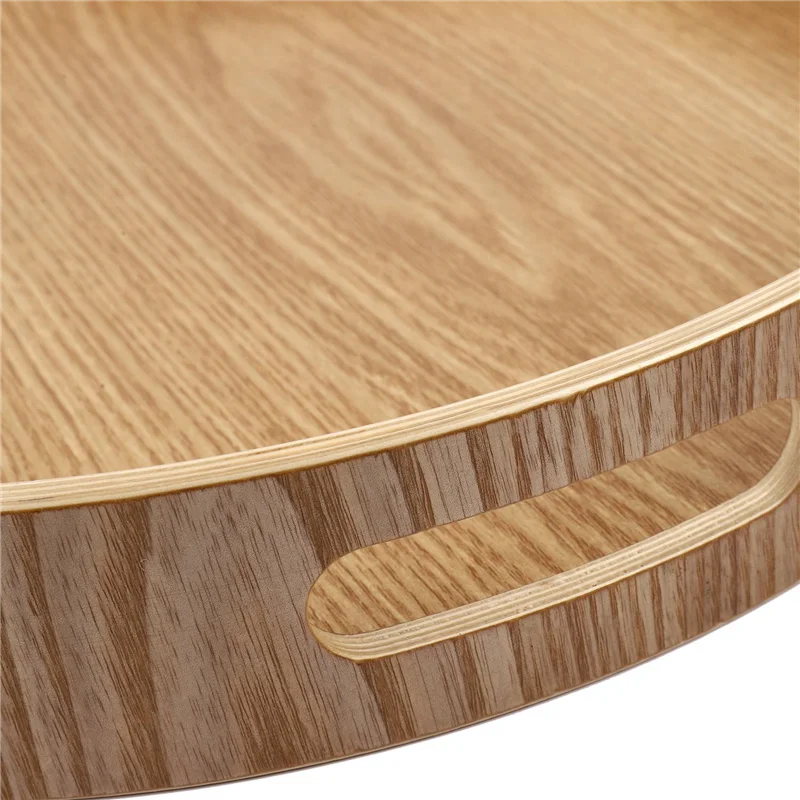 

2X Round Serving Bamboo Wooden Tray For Dinner Trays Tea Bar Breakfast Food Container Handle Storage Tray 3-AT64