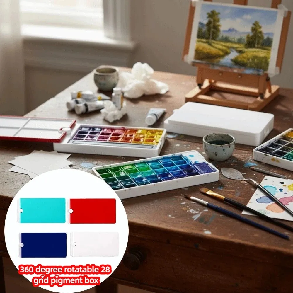 360 Degree Rotatable Watercolor Palette Empty 28 Grids Watercolor Packaging Box Moisturizing with Paint Brush Holder Slot
