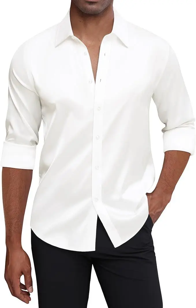 

2026 New Men's Dress Shirt Long Sleeve Male Silk Satin Shirt Business Casual Button Up Non Iron Wrinkle Free Formal Office Shirt
