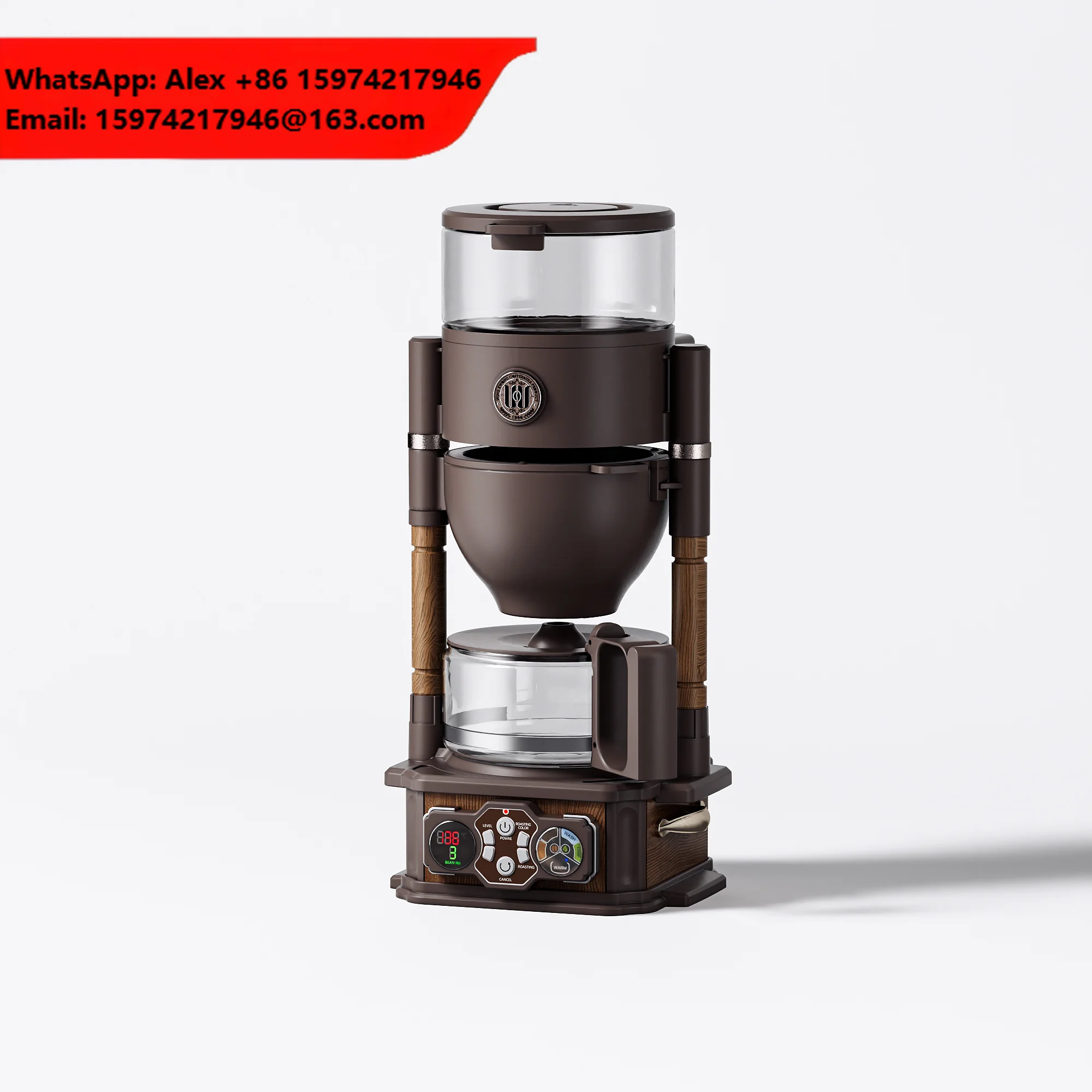 WING KWONG Retro Oak Coffee & Tea Drip Machine Hand Pour Simulation With 4 Visible Temperatures Electric Auto Drain Feature