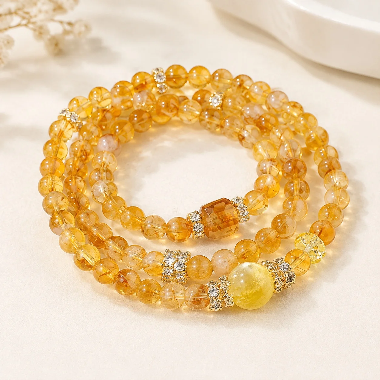Triple Wrap Bracelet with Round Bead in Crystal and Yellow Tower Quartz Gold Color 6mm Bead Diameter for Women