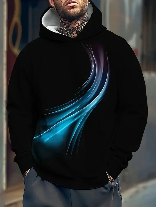 Plus Size Men's Casual Hoodie with Hamburger Pizza Fries Print - Black & Red Fast Food Graphic Pullover, Lounge Clothing,