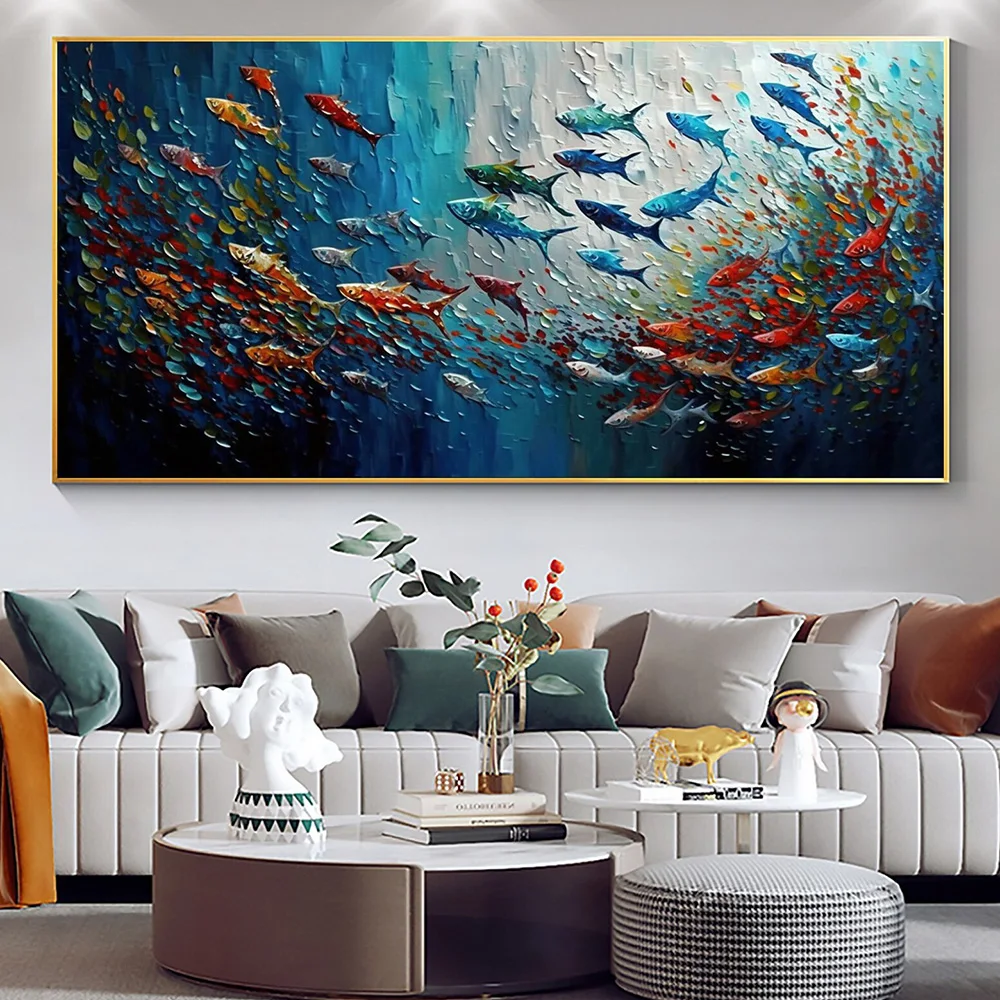 Frameless Abstract Blue Sea Fish Canvas Painting Nordic Art Graffiti Large Size Posters Print Modern Living Room Home Decoration