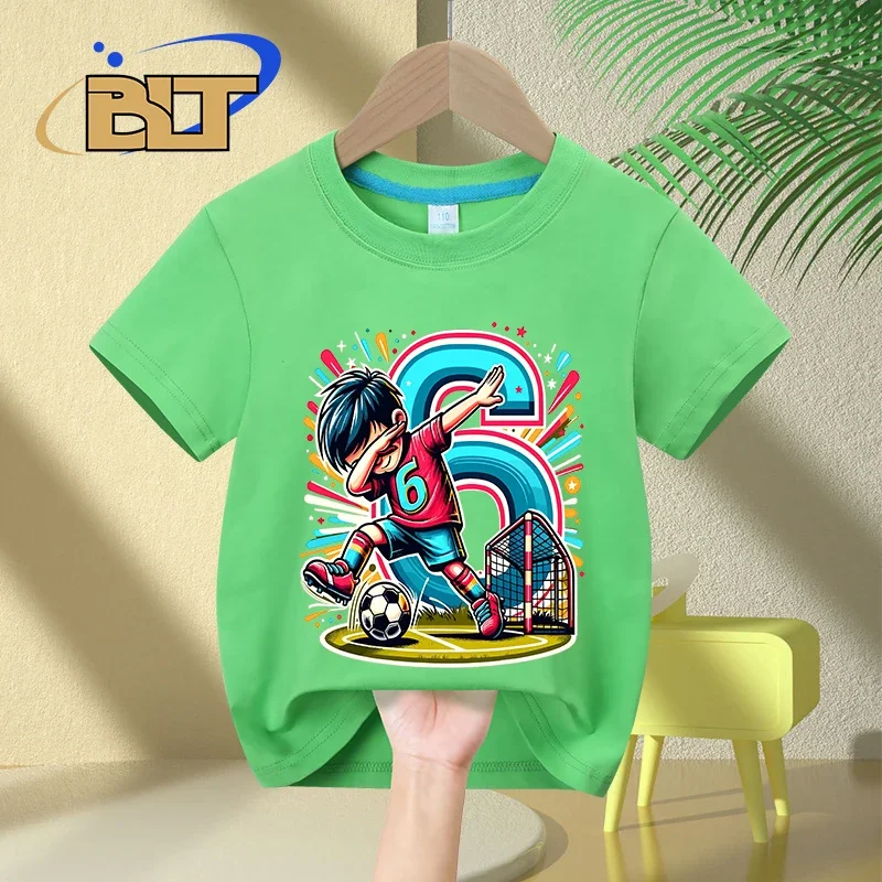 Fã de futebol de manga curta infantil, camiseta de algodão para menino, prenda de aniversário de 6 anos, verão