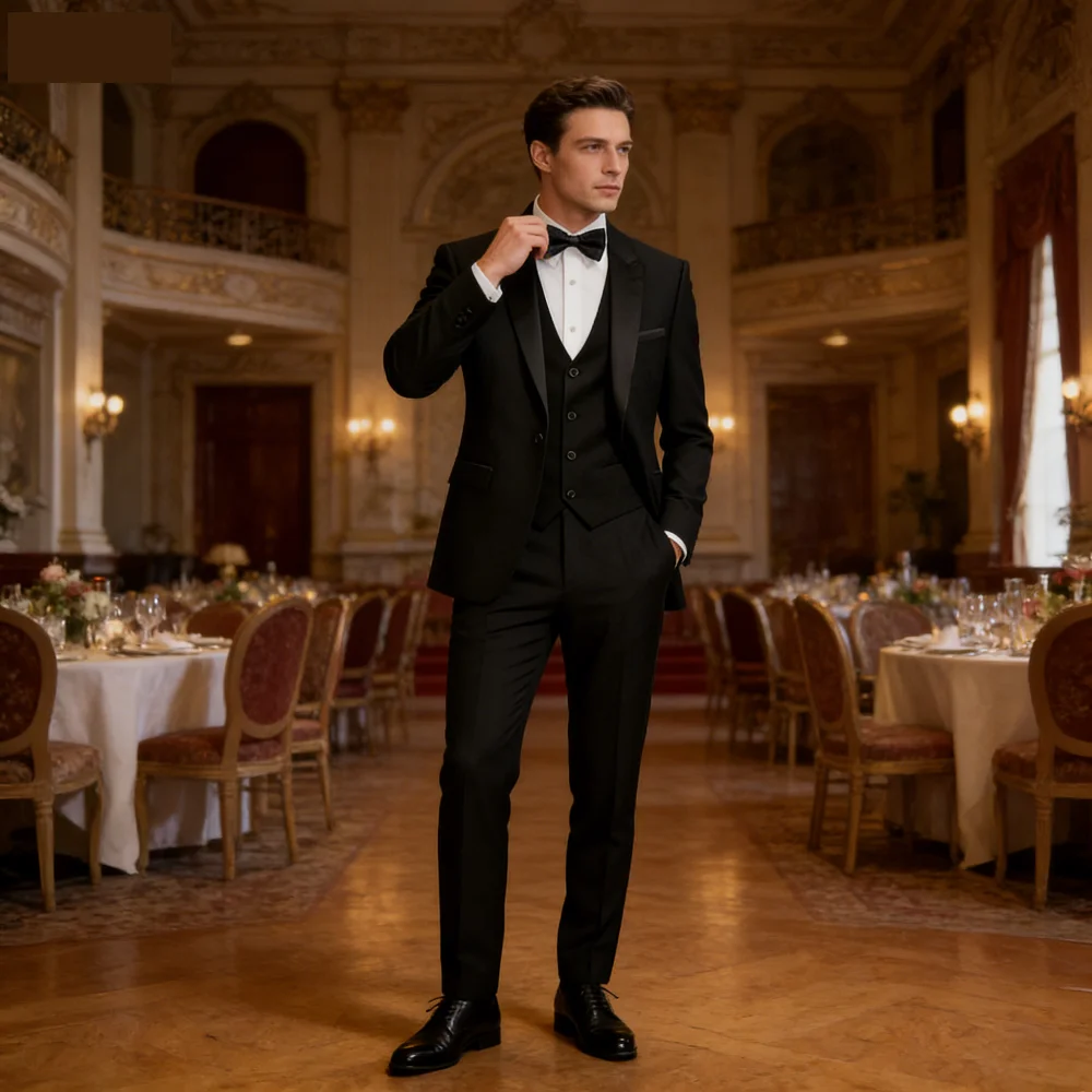 

Men's Black White Slim Fit Three Piece Suit Set Large Size Autumn Wedding Party Blazer Coat Pants Vest Fashion Male Outfit