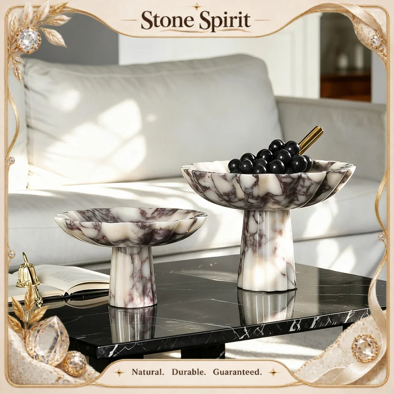 Calacatta Viola Marble Pedestal Fruit Bowl Ruffled Edge Stone Tray Luxury Snack Jewelry Storage Dish for Living Room Home Decor