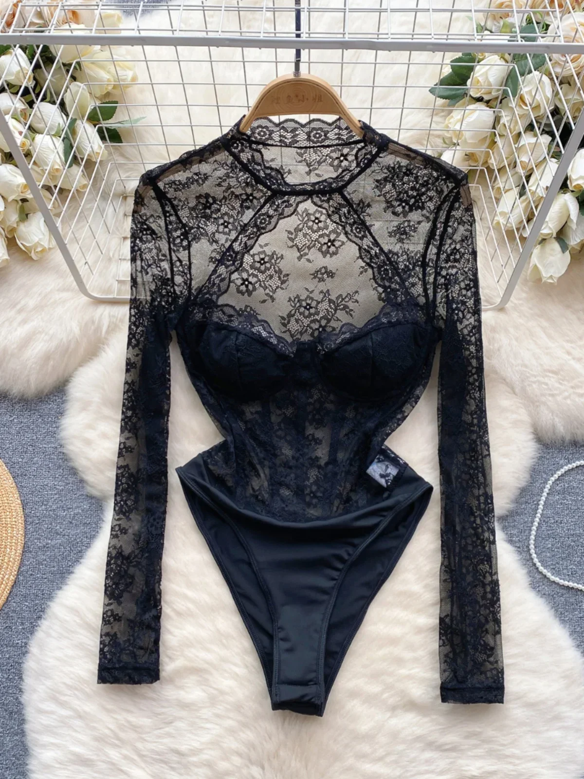 ssTss Sexy Hollow Out Floral Lace Bodysuits for Women Elegant Black Cut Out Front Long Sleeve Slim Fit Club Party Body Tops