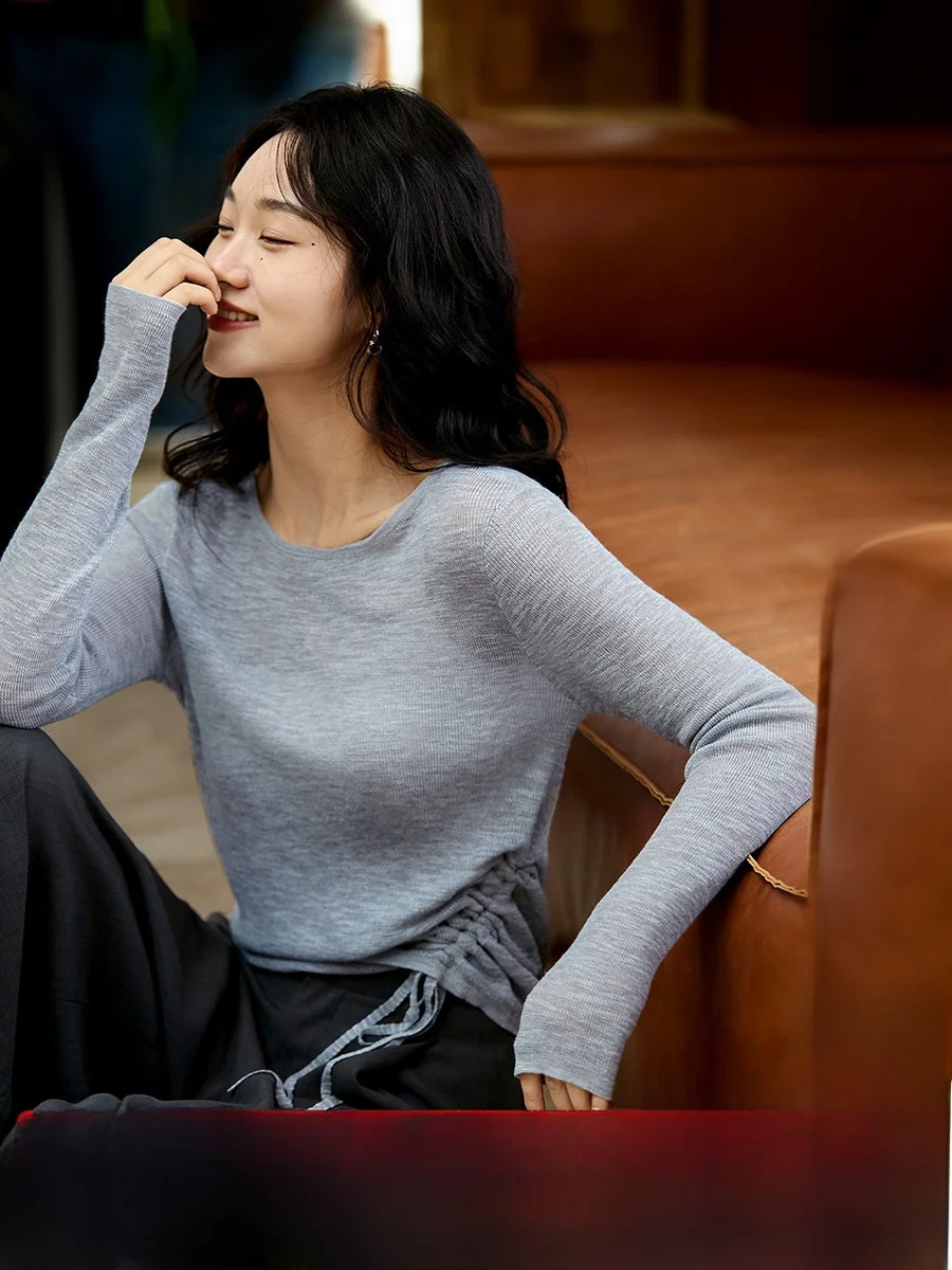 

Женский вязаный топ с длинным рукавом, приталенный, с регулируемой сборкой на талии, утягивающий, с круглым вырезом, повседневная модная одежда из полиэстера