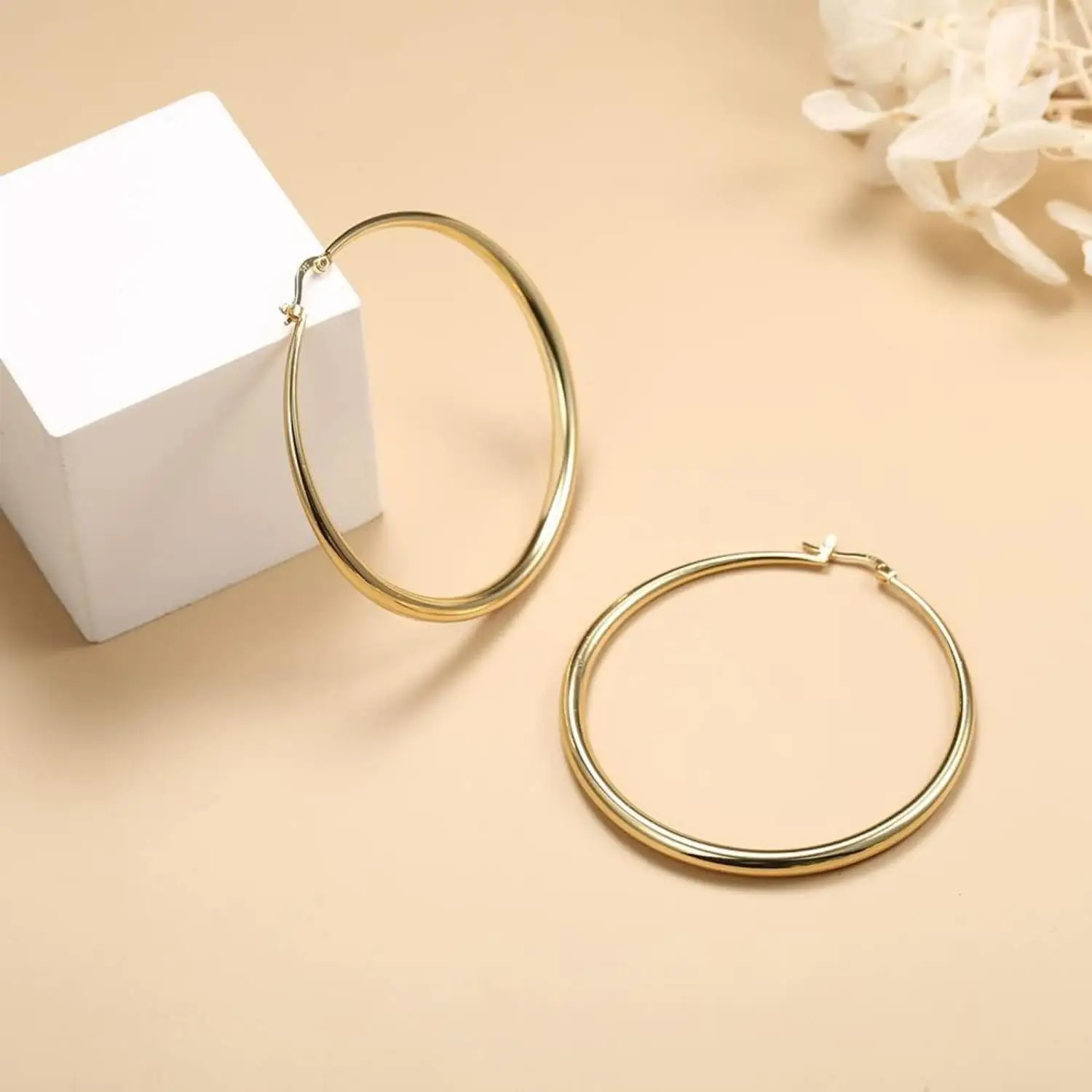 Fansilver Hoop Earrings S925 Sterling Silver Hypoallergenic Big Hoops 14K Gold Plated Stylish Earrings with Lightweight Hoops