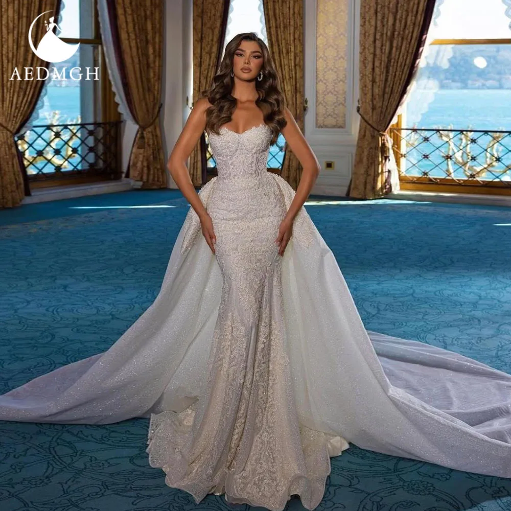 

Aedmgh Mermaid Sexy Wedding Dresses Strapless Vestido De Novia Lace Embroidery Detachable Train Vintage Custom Made Bridal Gown