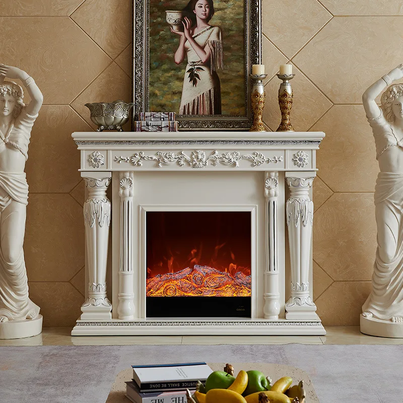 Fireplace decorative cabinet retro white, American family villa living room simulation flame heating