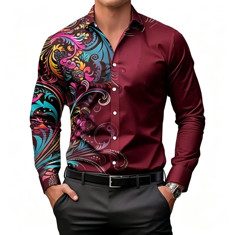 Men's Long Sleeve Shirt Colorful Baroque Floral Scroll Splicing Print Turn‑down Collar Casual Party Vacation Daily Mens Clothing
