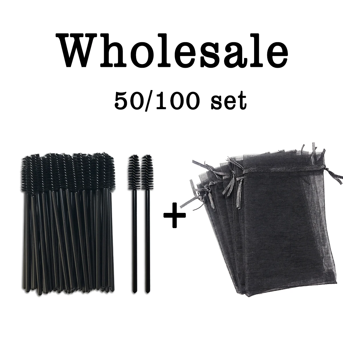 Wholesale 50/100Pcs Pink/Black Eyelash Packaging Mesh Bag And Mascara Wands Bundle Spoolies For Eyelash Business Makeup Set