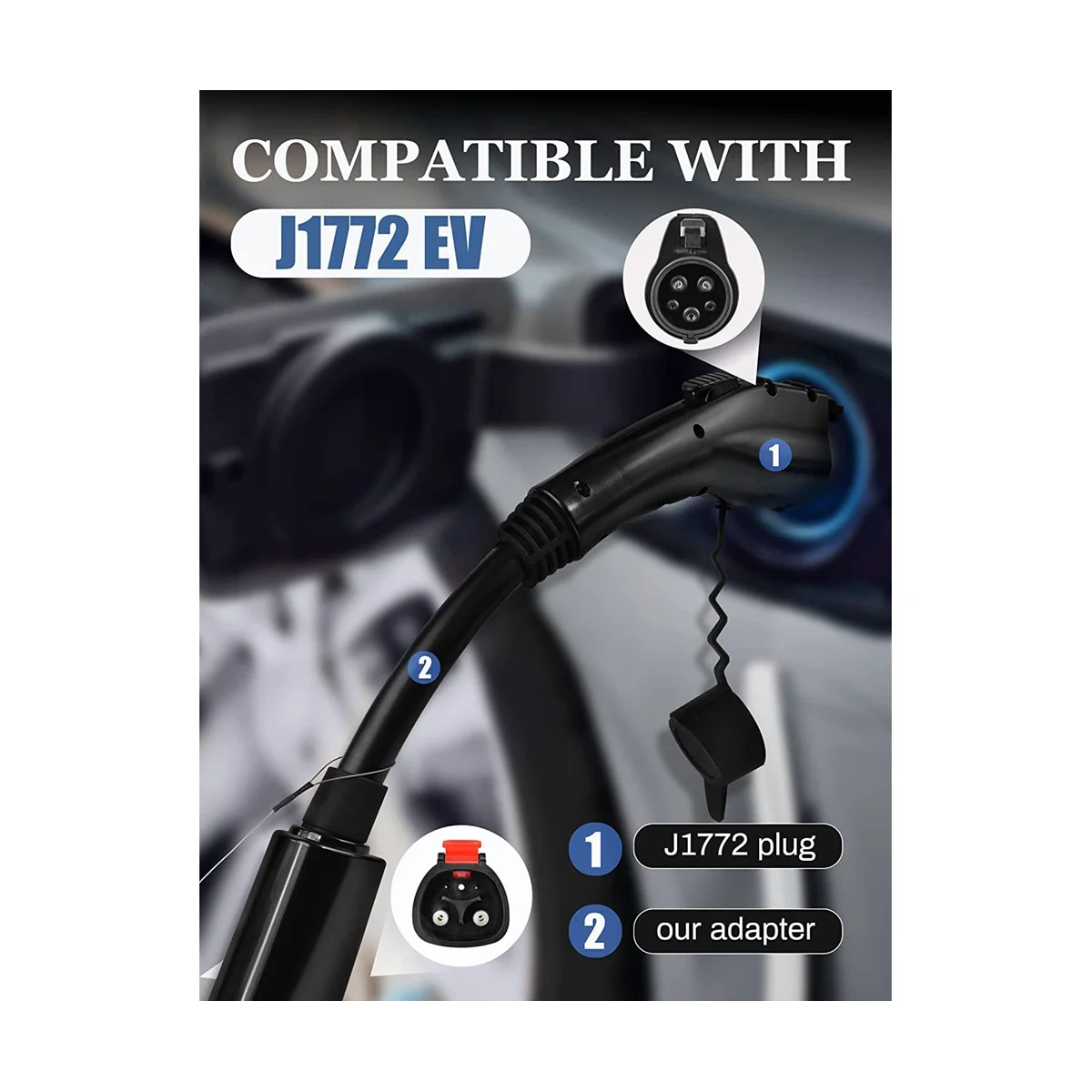 J1772 EV Adapter, 60 Amp 250V AC, for Tesla High Powered Connector, Destination Charger, and Mobile Connector - Black