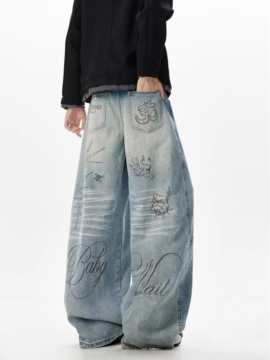 Men's Y2K Jeans Hip Hop Baggy Denim Pants Spiderweb Graphic Jeans Goth Denim Joggers Streetwear