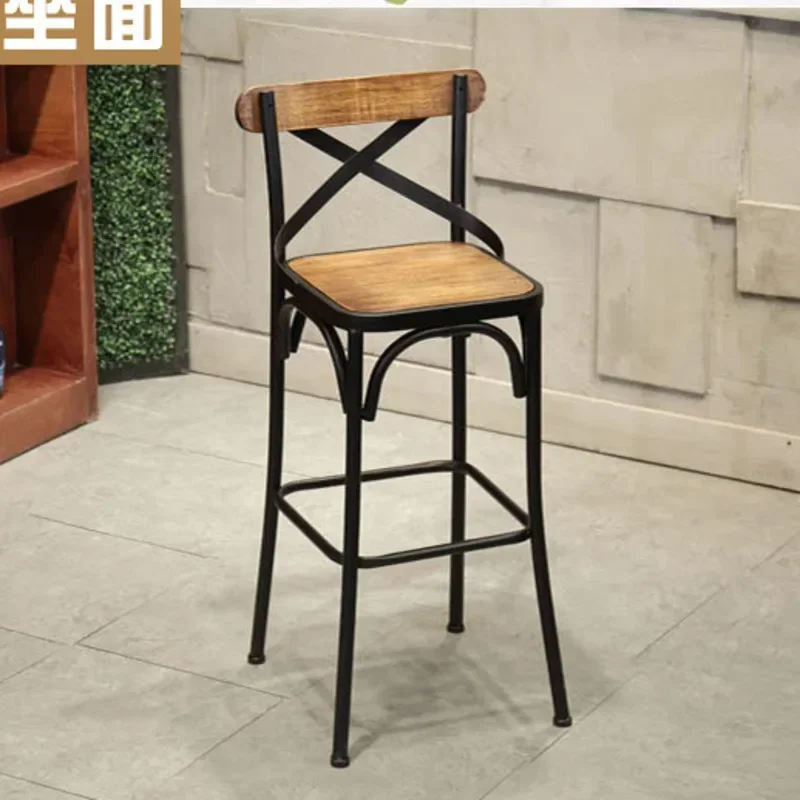 American Iron Art Bar Stool Solid Wood High Chair Industrial Style Bar Furniture Cashier Seating Retro Bar Stool