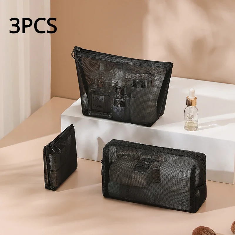 Black Mesh Case Organizer Toiletry Bags Travel Makeup Bag Small Large Cosmetic Cases Toiletries Storage Handbag Three Piece Suit