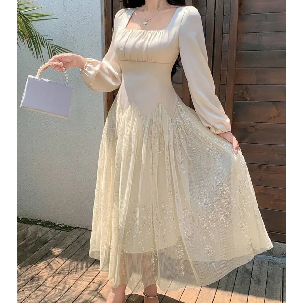 Abiti da sera a trapezio personalizzati Abito da ballo a maniche lunghe con colletto quadrato lungo fino al tè Abito da festa drappeggiato con paillettes alla moda semplice